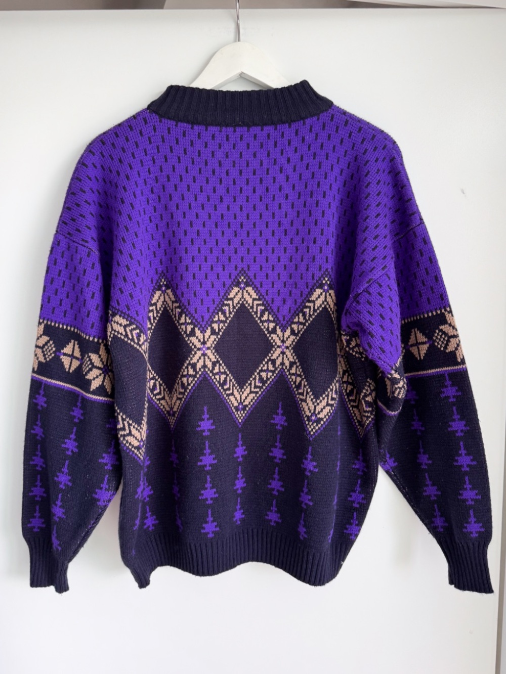Vtg 80s 90s Knit Sweater Purple Diamond Geometric Crewneck Pullover 23.5x24.75 - Picture 2 of 9